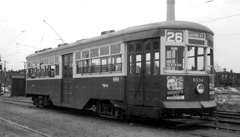 Photograph of #8534 returning from service at the PTC Luzerne barn in 
Philadelphia.